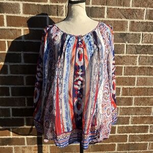 Valerie Stevens XL Boho Tunic Blouse Red Blue Abstract Print Flowy Lightweight